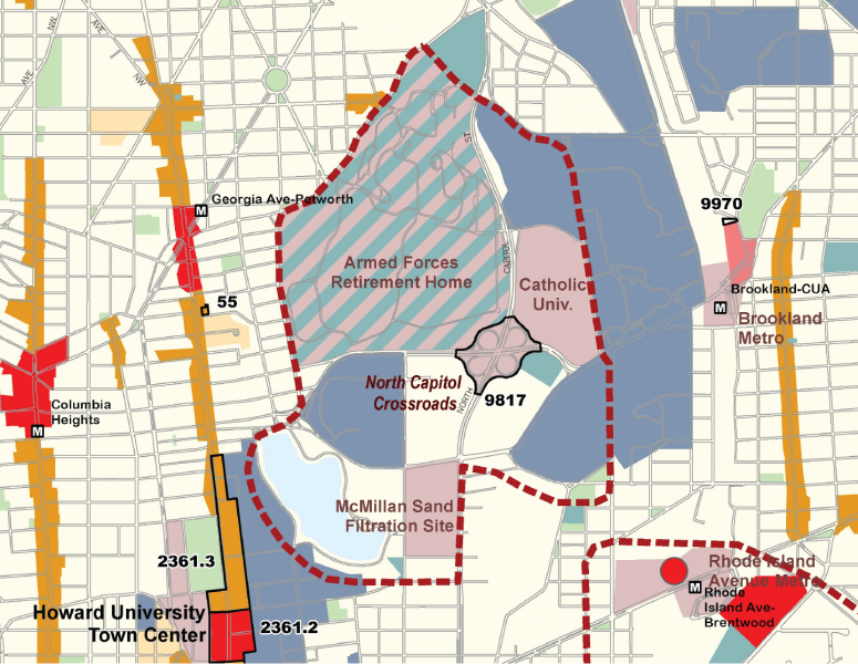 Excerpt of draft Generalized Policy Map showing outline of North Capitol Crossroads area