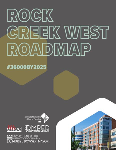 Cover of Rock Creek West Roadmap document featuring a gray background with ochre hexagons and an insert photo of buildings