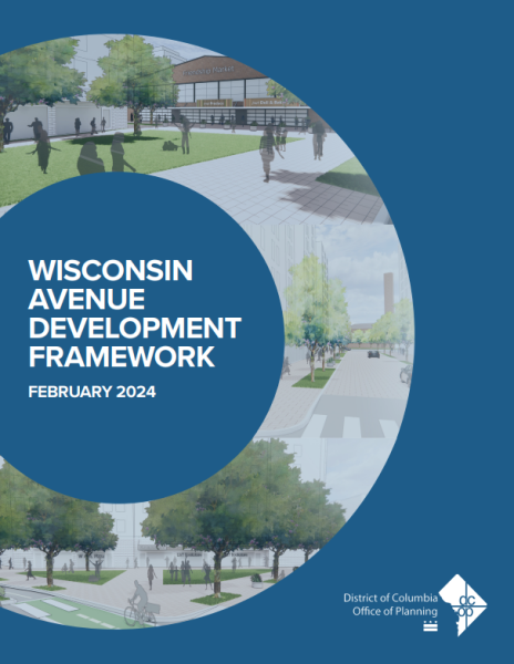Wisconsin Avenue Development Framework Cover with a dark blue background and illustration of an active outdoor space inset in a donut shape