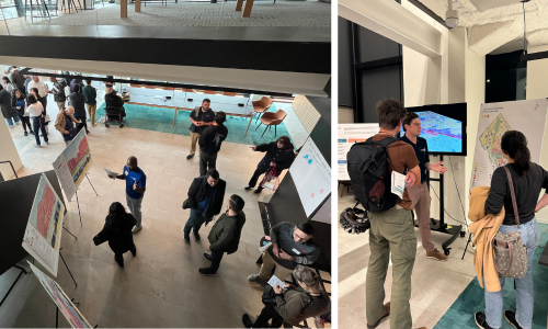 (Left) Overhead view of a DC 2050 workshop in November, with people talking around an open room; (Right) Two attendees speak to an OP employee in front of a TV and DC map showing land use classifications 