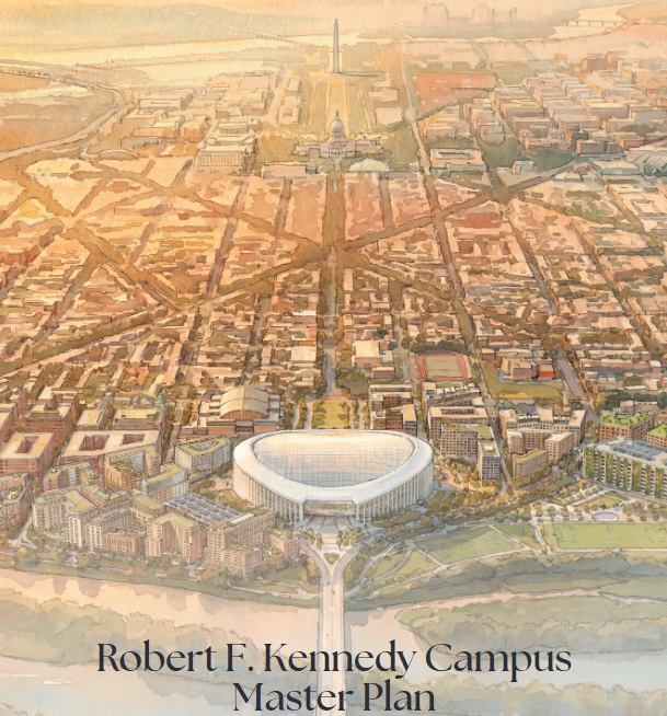 Cover image from the RFK Campus Master Plan featuring a watercolor rendering aerial view of the future redeveloped campus