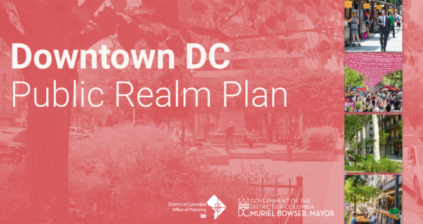 Downtown Public Realm Plan cover image pink-toned with small photos of city scenes