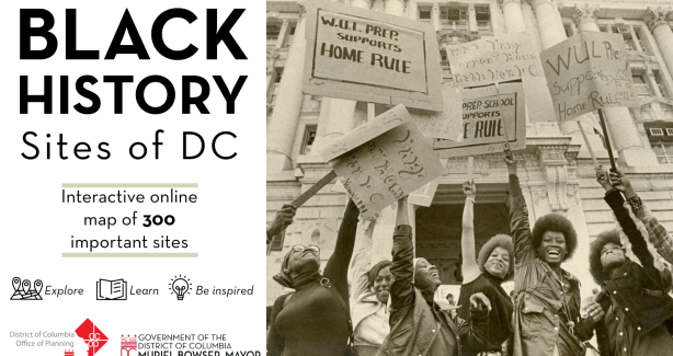 Image of women protesting for Home Rule next to a header that reads Black History Sites of DC