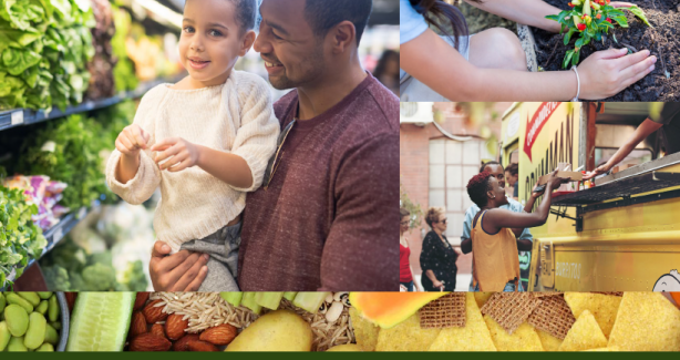 Front cover of 2023 Food System Assessment featuring a dad and child in a grocery store and other food-related photos
