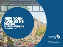 Blue cover page of Vision Framework with a streetscape illustration inset in a circle around the text